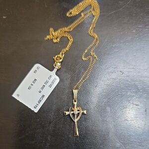 14Kt Gold Filled 2-Tone Cross Heart CZ Pendant Necklace, 18 Inch